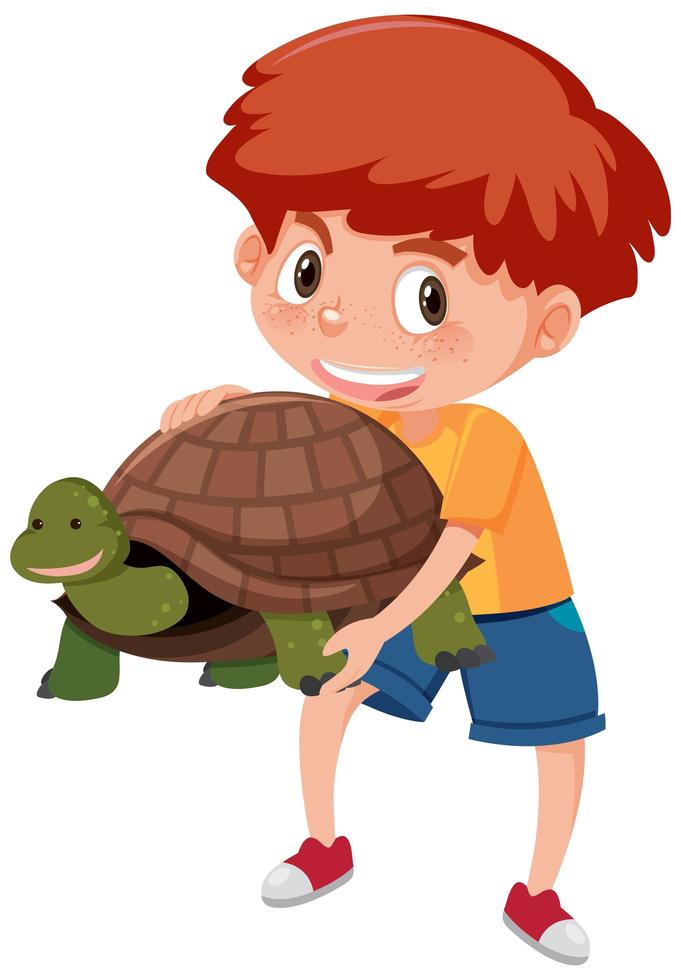 menino segurando um lindo desenho de tartaruga vetor
