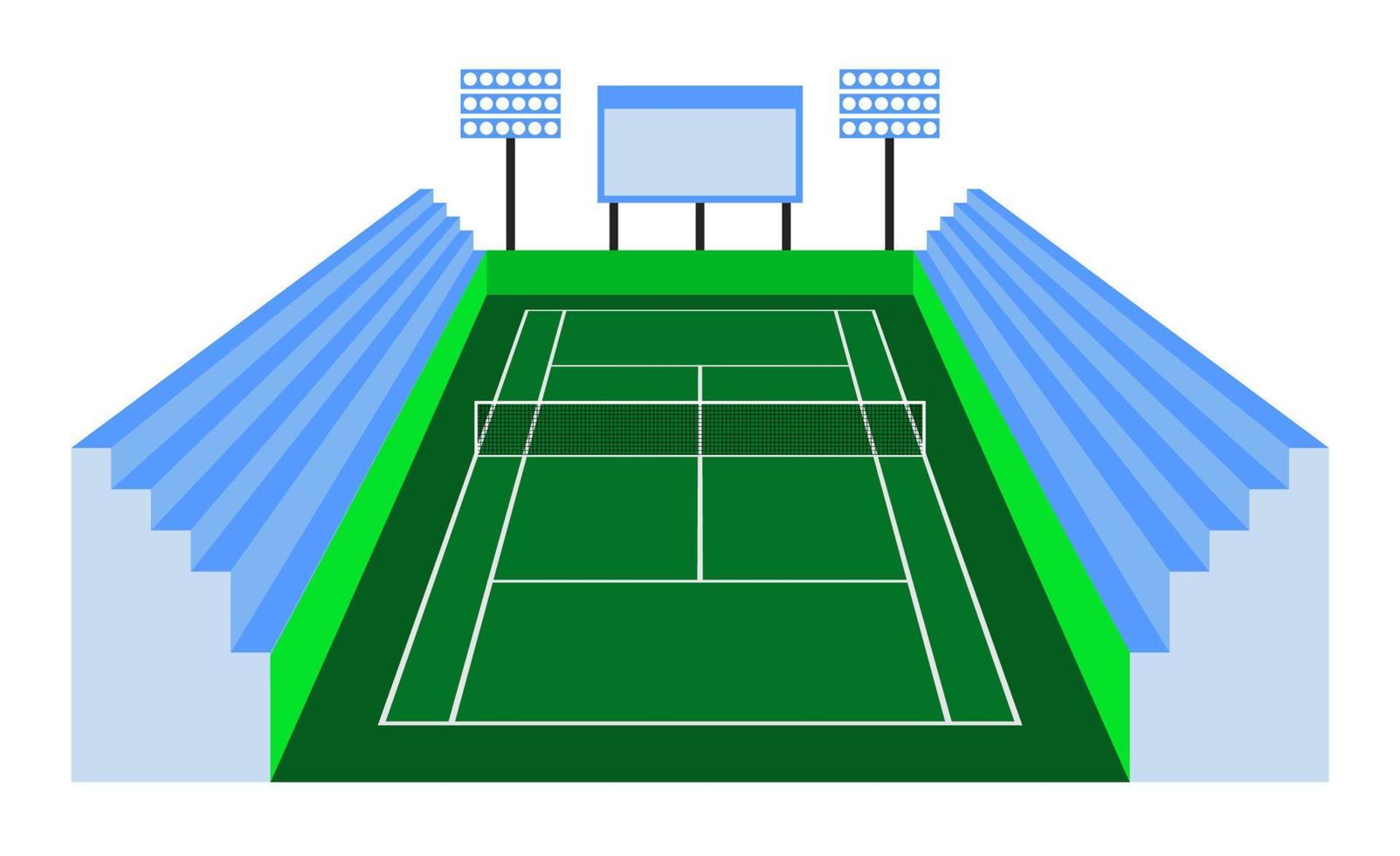 quadra de tênis verde em vista isométrica com arquibancadas. quadra de tênis ao ar livre. campo de esportes para recreação ativa. vetor