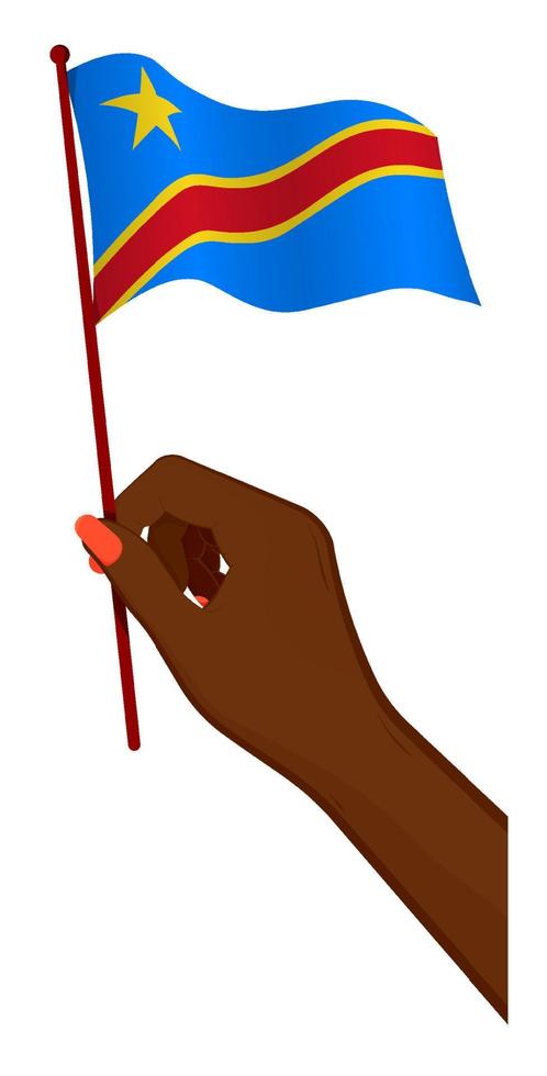 a mão feminina segura suavemente a pequena bandeira da república do congo. elemento de design de férias. vetor de desenho animado em fundo branco