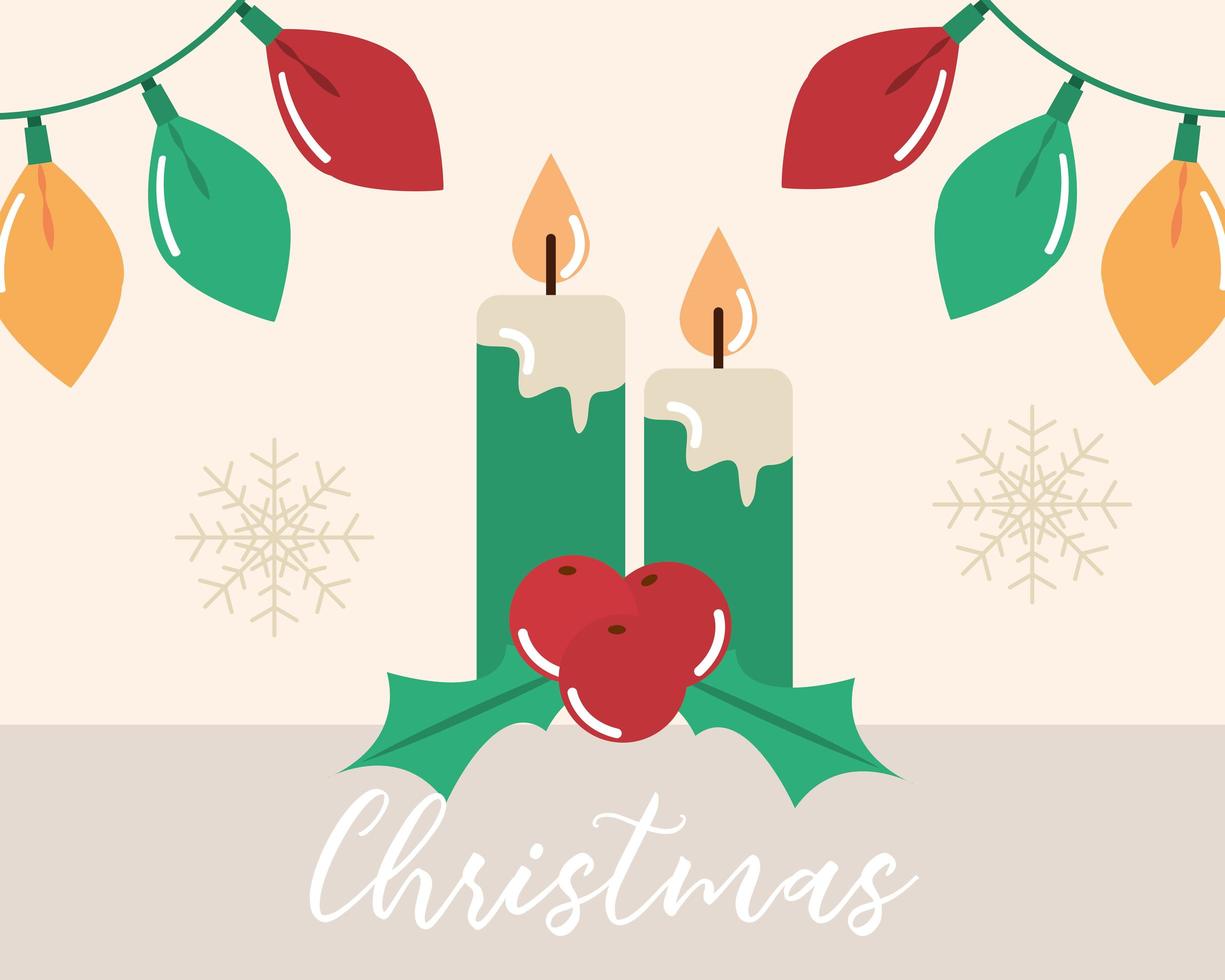 feliz natal, luzes de velas e decorações de bagas de azevinho vetor