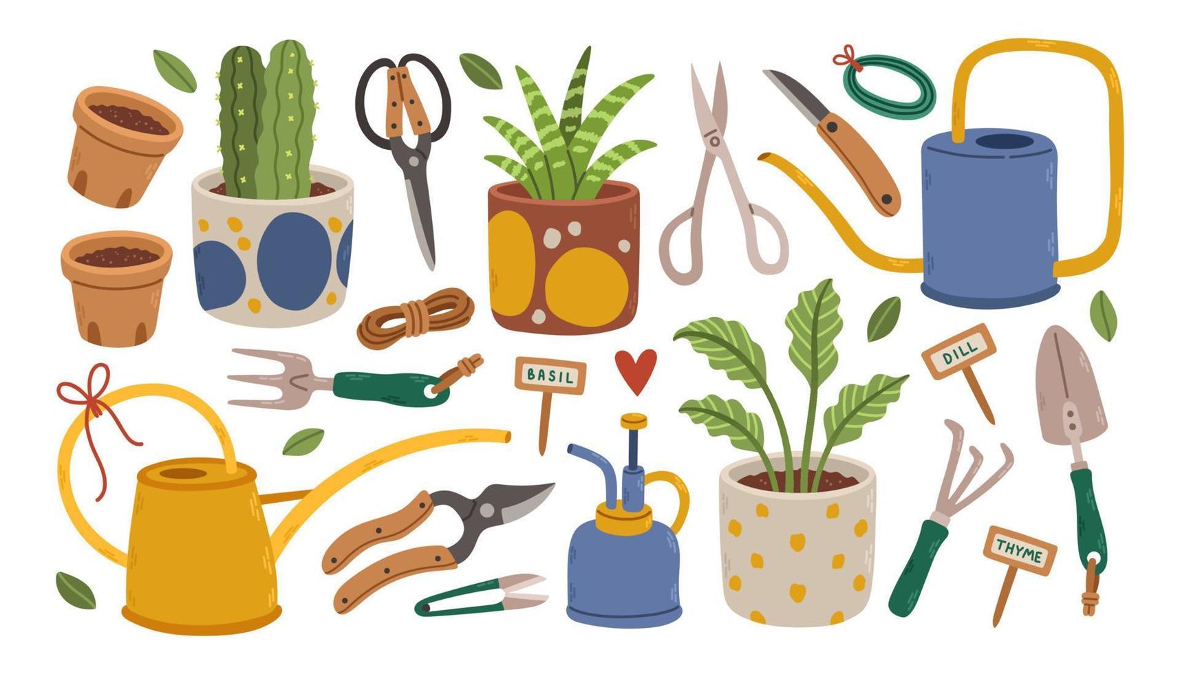 conjunto de ferramentas de jardinagem e plantas em vasos isolados em branco. pacote de equipamentos para plantas domésticas. vetor de desenho animado plano.