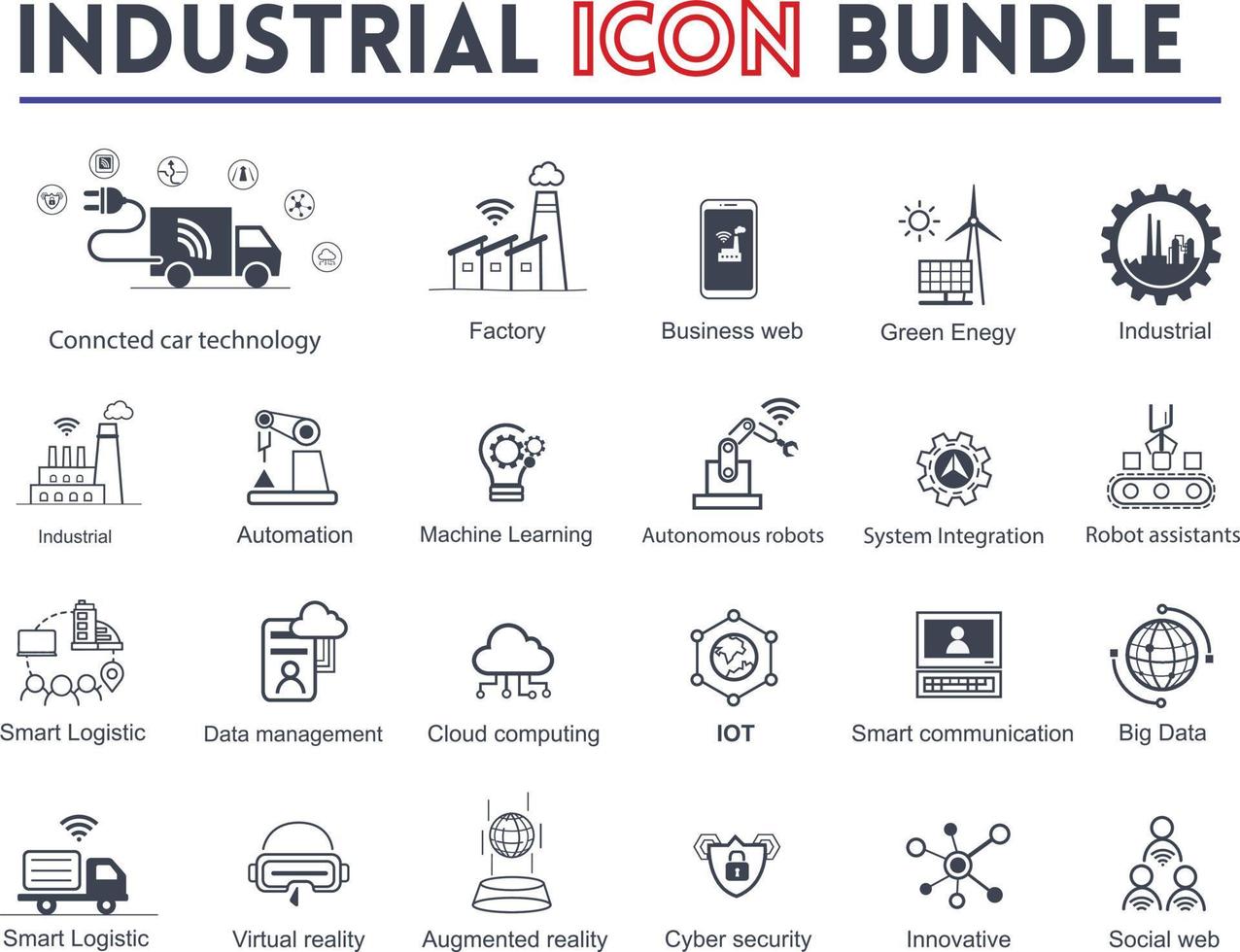 ícones da indústria agrupam ícones de negócios e símbolos de vários setores de negócios, como indústria de serviços, automotivo, ciências da vida, indústria de recursos, indústria de entretenimento e alta tecnologia vetor