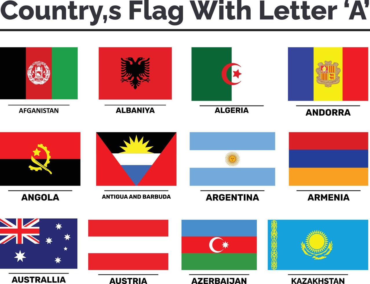 bandeiras de país com um conjunto de vetores de nome de letra de ícones de escudo plano. bandeiras de todos os países e continente