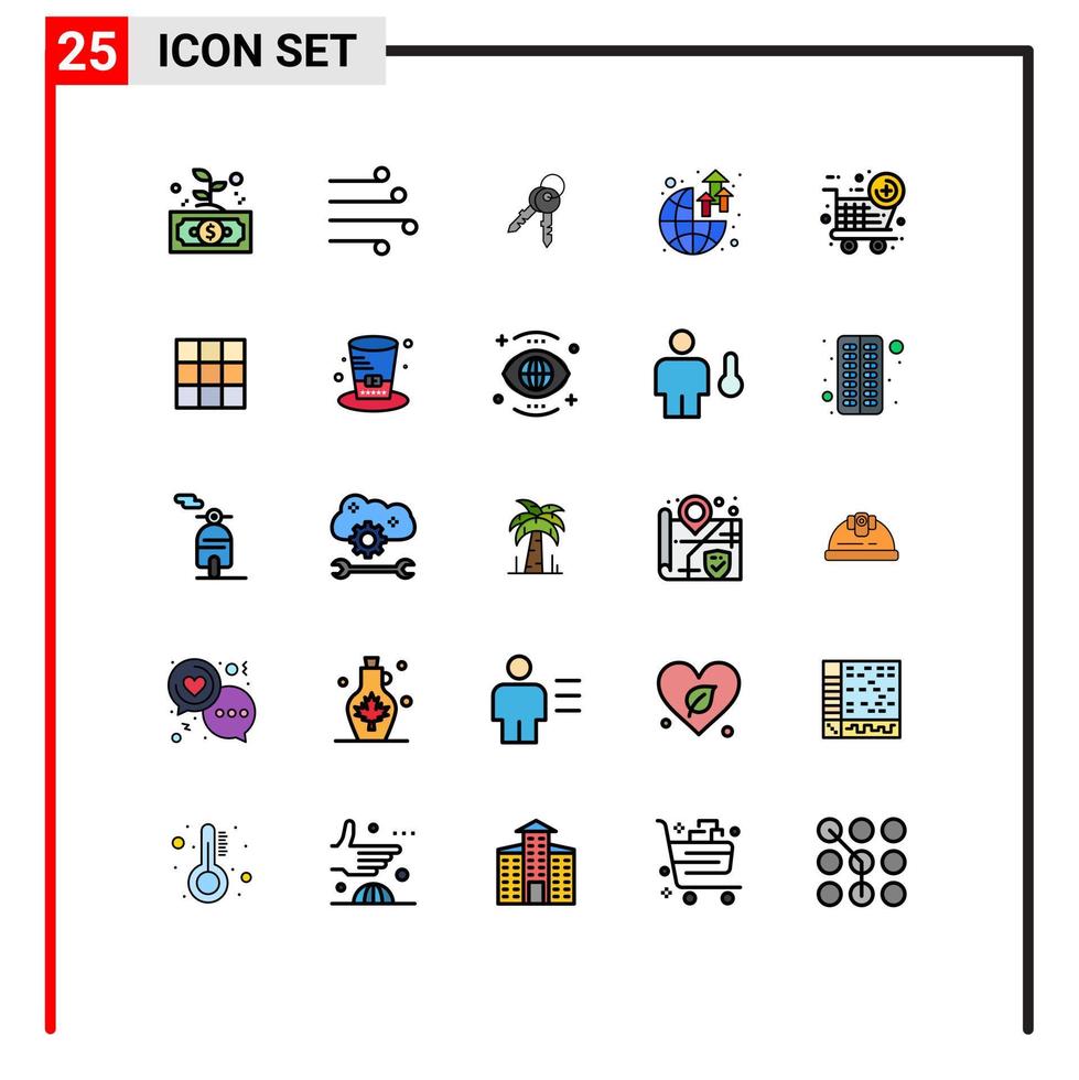 conjunto de pictogramas de 25 cores planas de linha preenchida simples de tempo de crescimento de lucro elementos de design de vetores editáveis de casa global