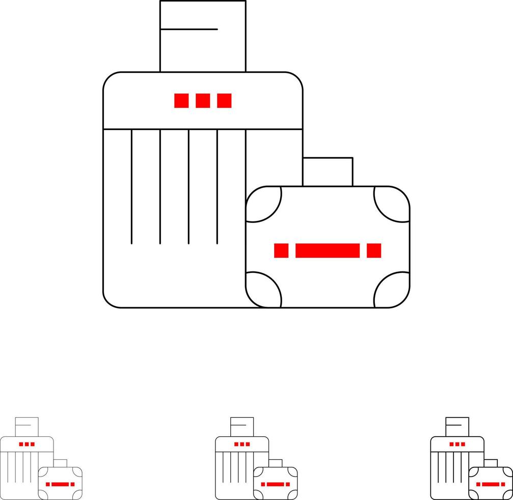 bolsa de bagagem bolsa hotel conjunto de ícones de linha preta em negrito e fino vetor