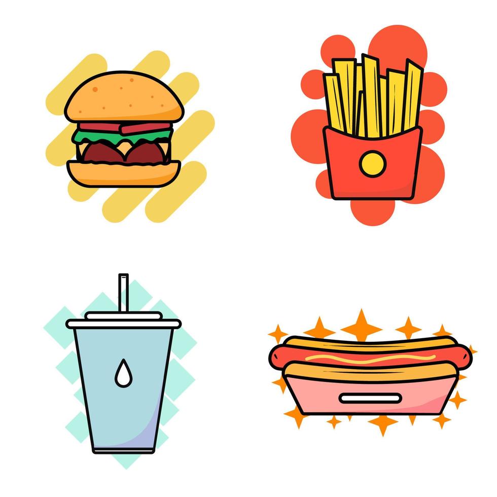 conjunto de vetores de fast-food. cheeseburgers clássicos, pacotes de batatas fritas, refrigerantes e cachorros-quentes. ilustração em vetor eps plana