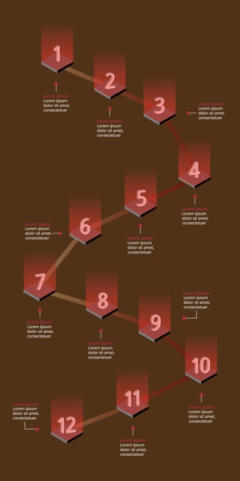 modelo de gráfico de número de passo para infográfico para apresentação de 12 elementos com luz vermelha vetor