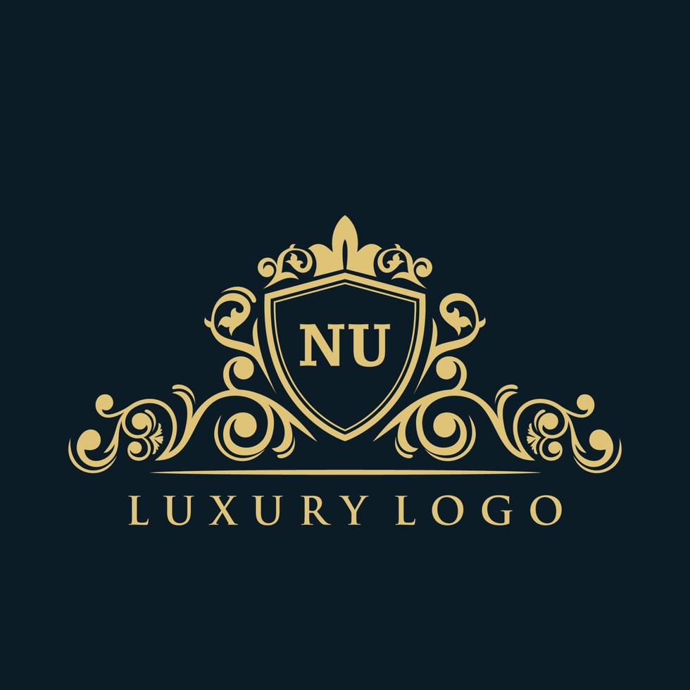 logotipo da letra nu com escudo de ouro de luxo. modelo de vetor de logotipo de elegância.