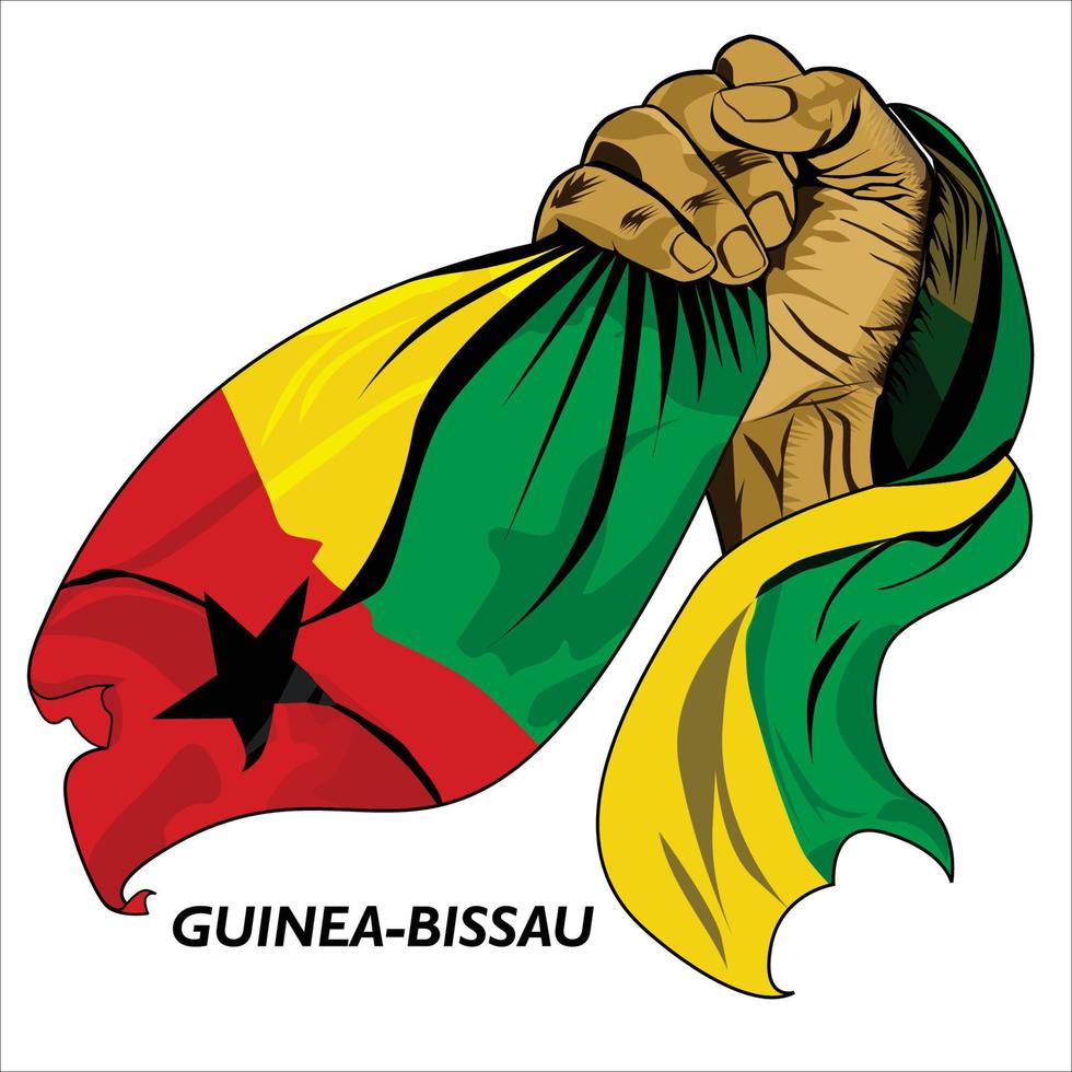 mão em punho segurando a bandeira da Guiné-Bissau. ilustração em vetor de mão levantada agarrando a bandeira. bandeira drapejando ao redor da mão. formato eps escalável