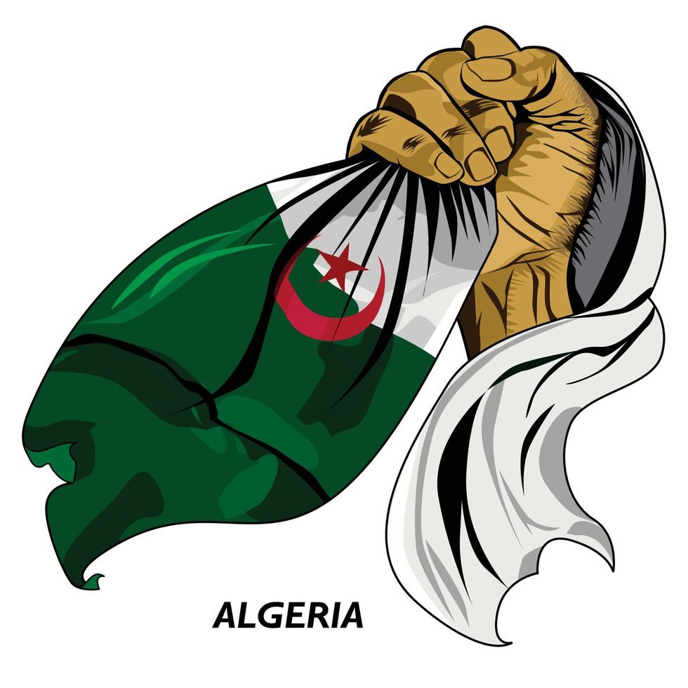 punho cerrado segurando a bandeira da Argélia. ilustração em vetor de mão levantada e agarrando a bandeira. bandeira pendurada na mão