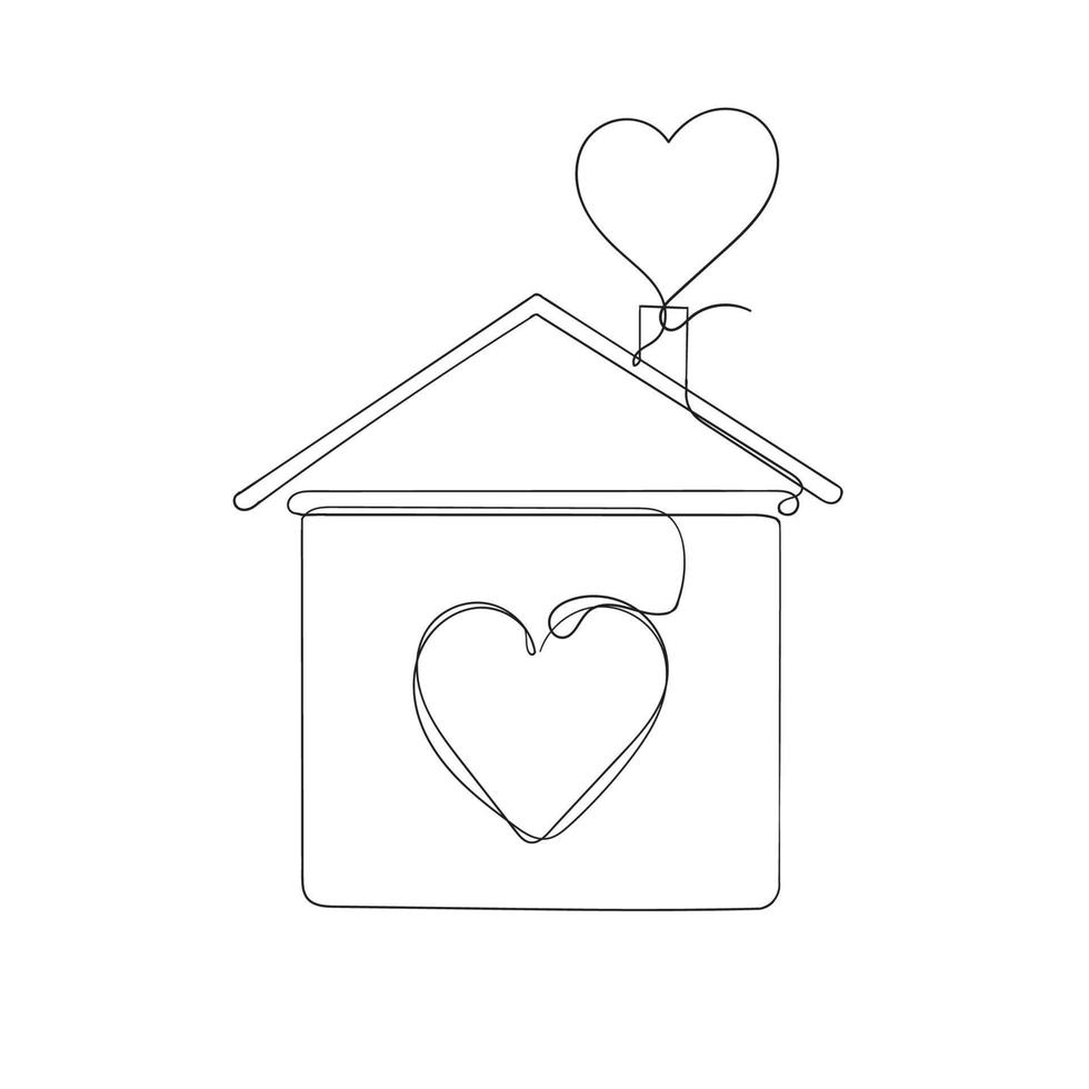 casa de desenho de linha contínua com ilustração de símbolo de sinal de coração de amor vetor