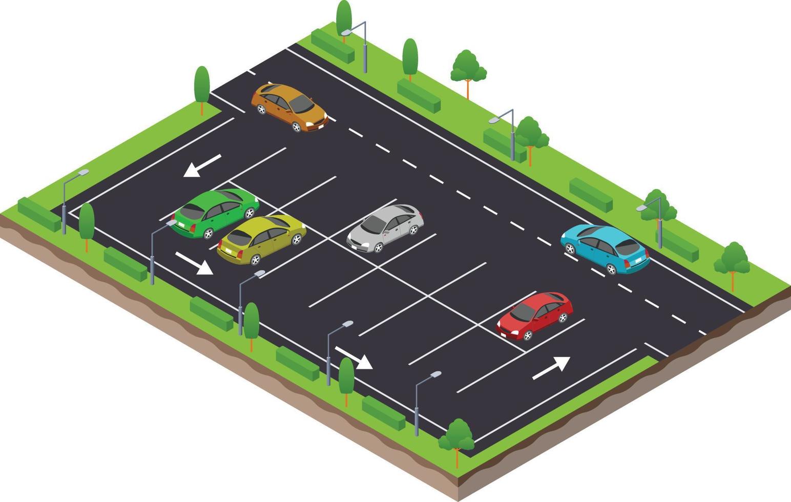 cena isométrica de vaga de estacionamento na estrada de tráfego rodoviário com carro vetor