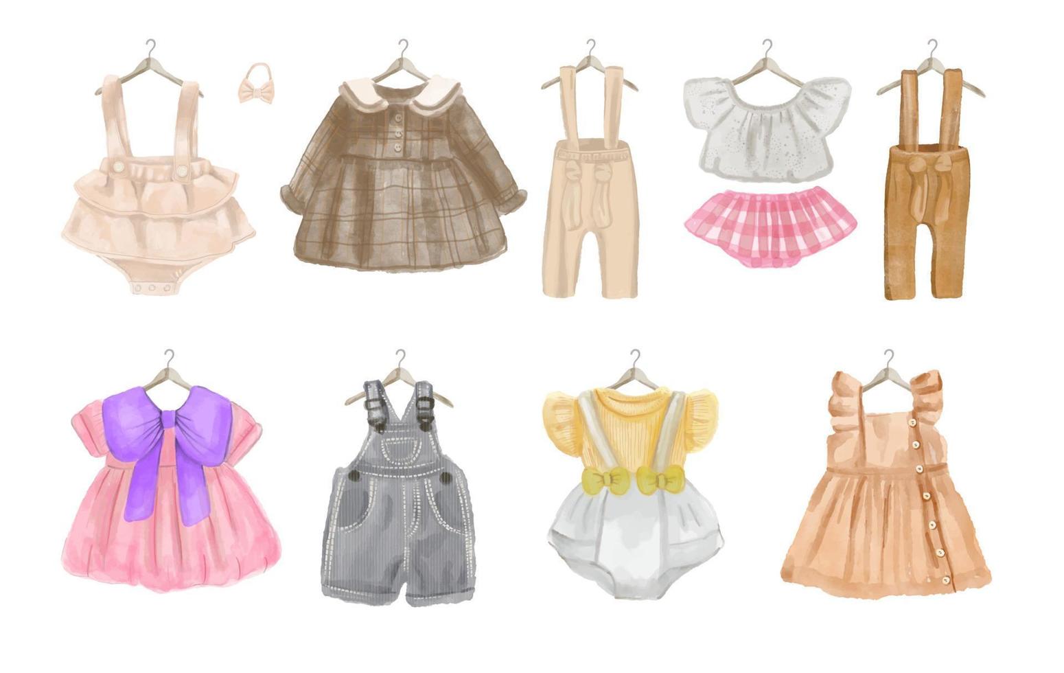 conjunto de roupas lindas para recém-nascidos, itens de bebê, vestido, macacão em estilo aquarela sobre fundo branco. vetor