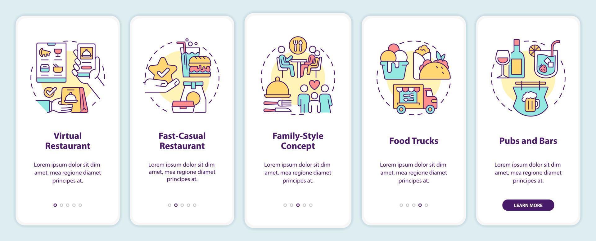 conceitos de restaurante integrando a tela do aplicativo móvel. pubs e bares passo a passo 5 etapas instruções gráficas editáveis com conceitos lineares. modelo ui, ux, gui. vetor