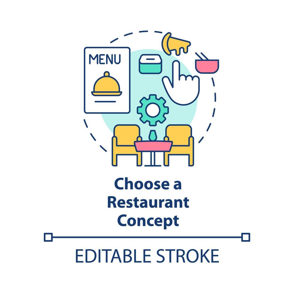 escolha o ícone do conceito de tipo de restaurante. abertura do estabelecimento foodservice passo ideia abstrata ilustração de linha fina. desenho de esboço isolado. curso editável. vetor