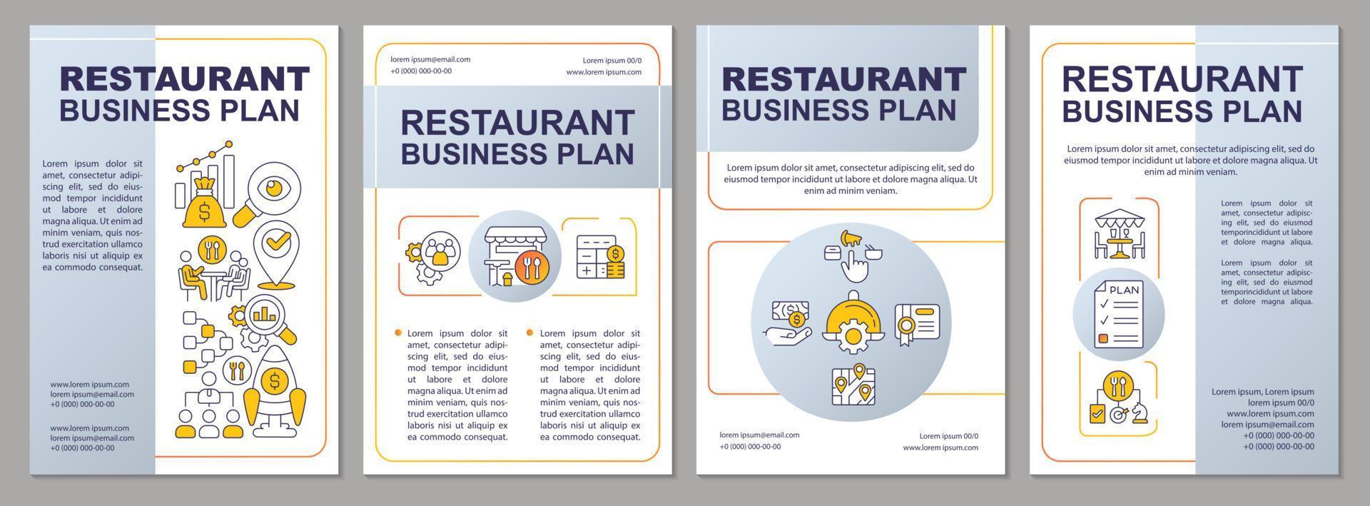 modelo de brochura cinza de plano de negócios de restaurante pequeno. gestão. design de folheto com ícones lineares. layouts de 4 vetores editáveis para apresentação, relatórios anuais.