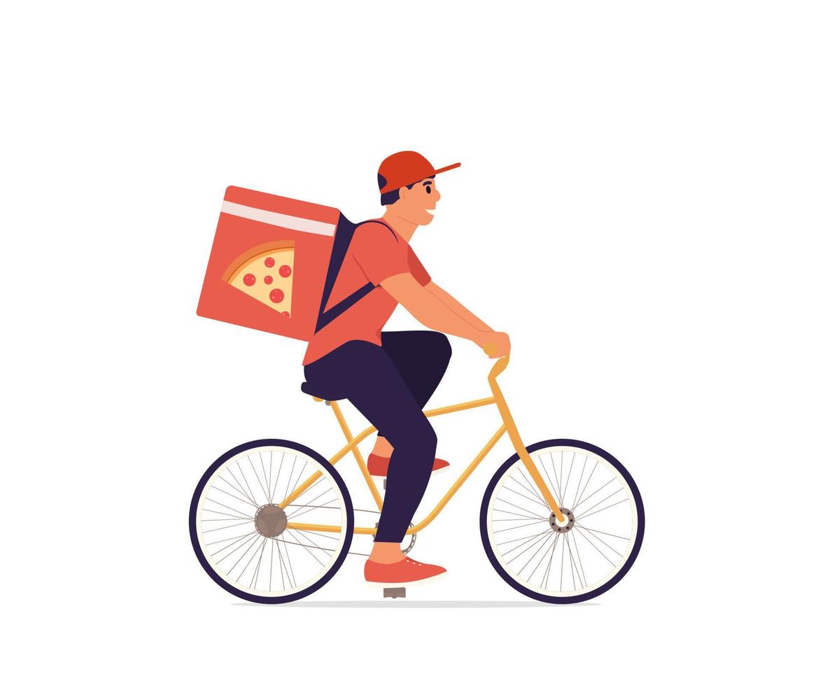 correio de bicicleta, entregando pizza. entregador com bolsa andando de bicicleta. homem com mochila ciclismo. ilustração vetorial plana isolada em branco vetor