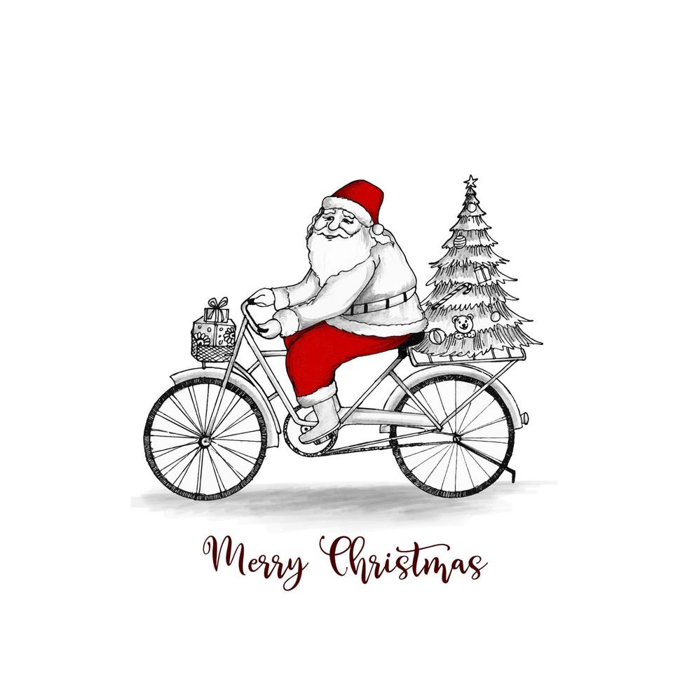 fundo de festival de feliz natal com papai noel no design de bicicleta vetor
