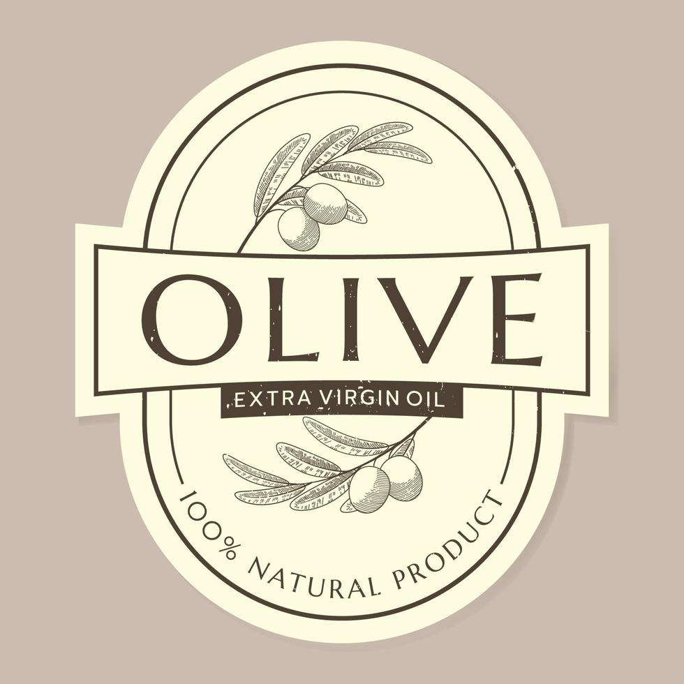 modelo de rótulo de azeite com ramo de oliveira em vintage, desenhado à mão e estilo de linha vetor