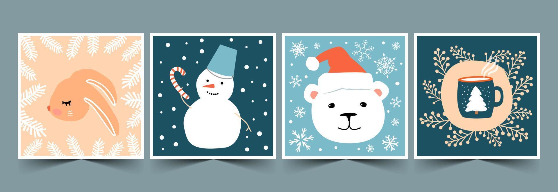 conjunto de bonitos cartões de natal quadrados. ilustração infantil com coelho, boneco de neve, urso. vetor