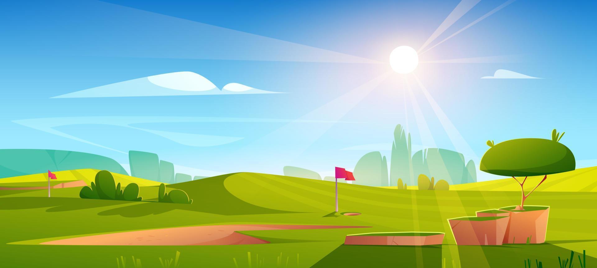 campo de golfe natureza paisagem, grama verde, bandeira vetor