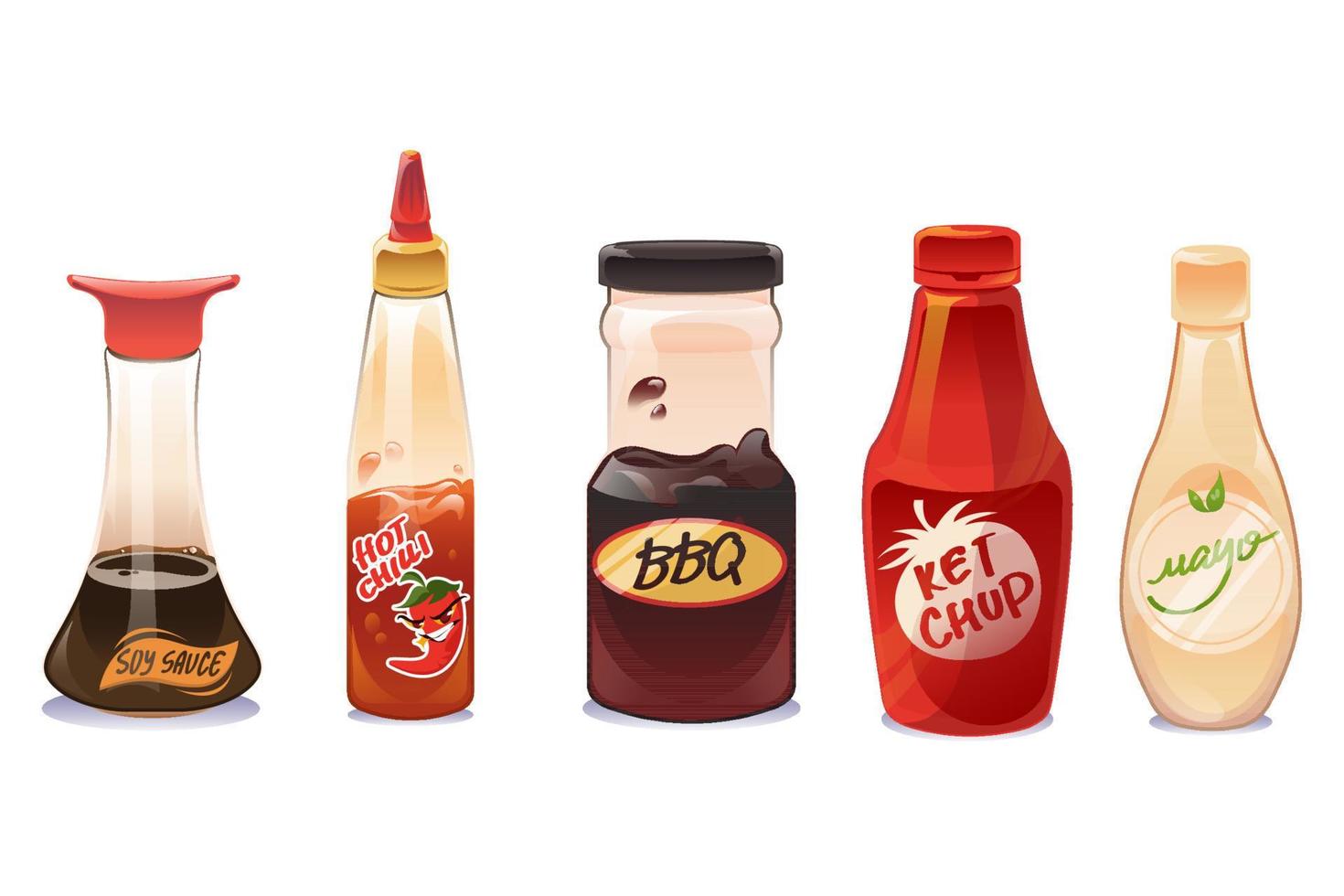 molho de soja, ketchup e maionese em garrafas vetor