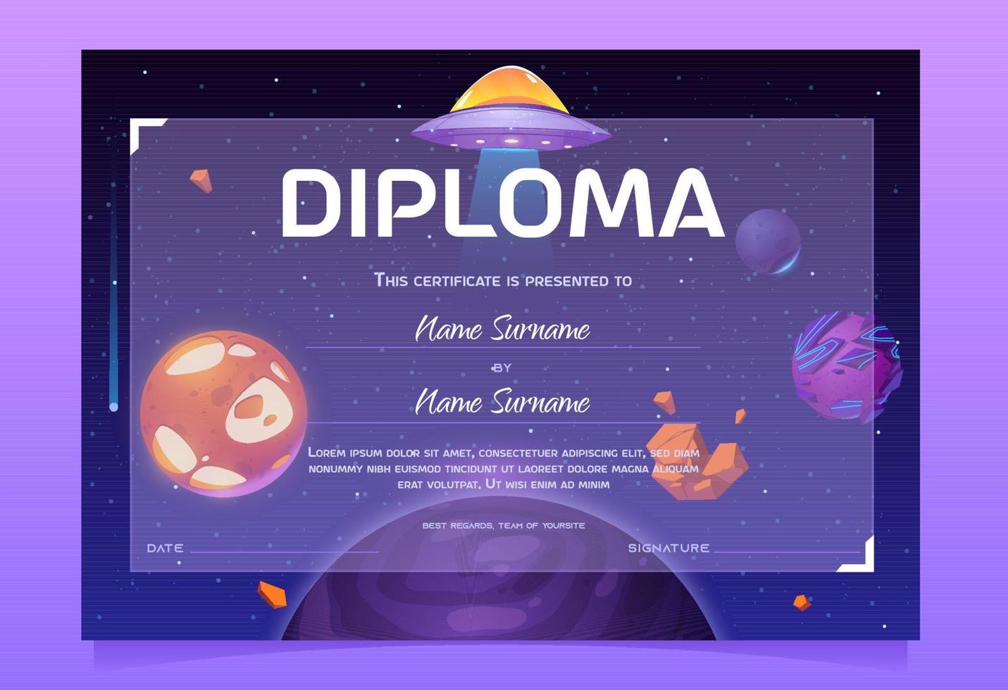 diploma de crianças com disco ufo e planetas no espaço vetor