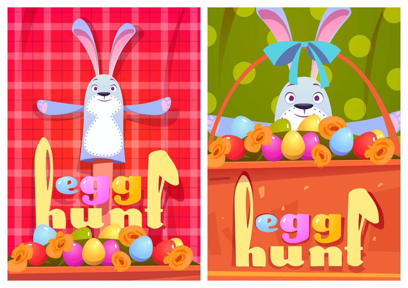 cartazes de desenhos animados de caça aos ovos com coelhos e ovos vetor