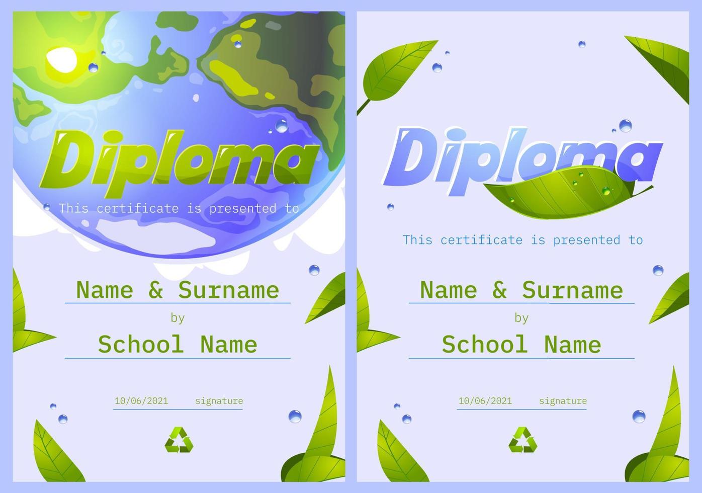 diploma escolar, salve o quadro de certificado do planeta vetor