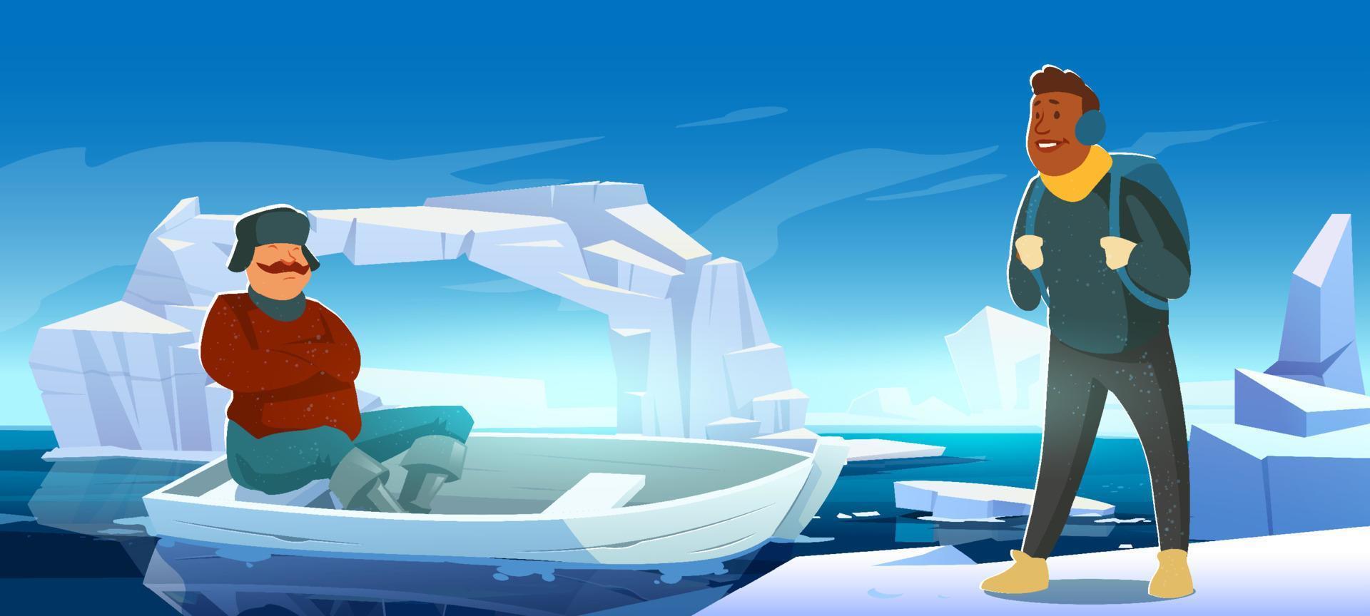 paisagem ártica com iceberg, barco e pessoas vetor