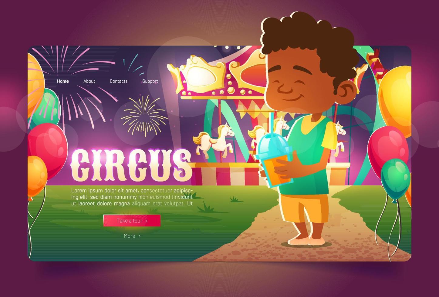 página de destino dos desenhos animados de circo, garoto no parque de diversões vetor