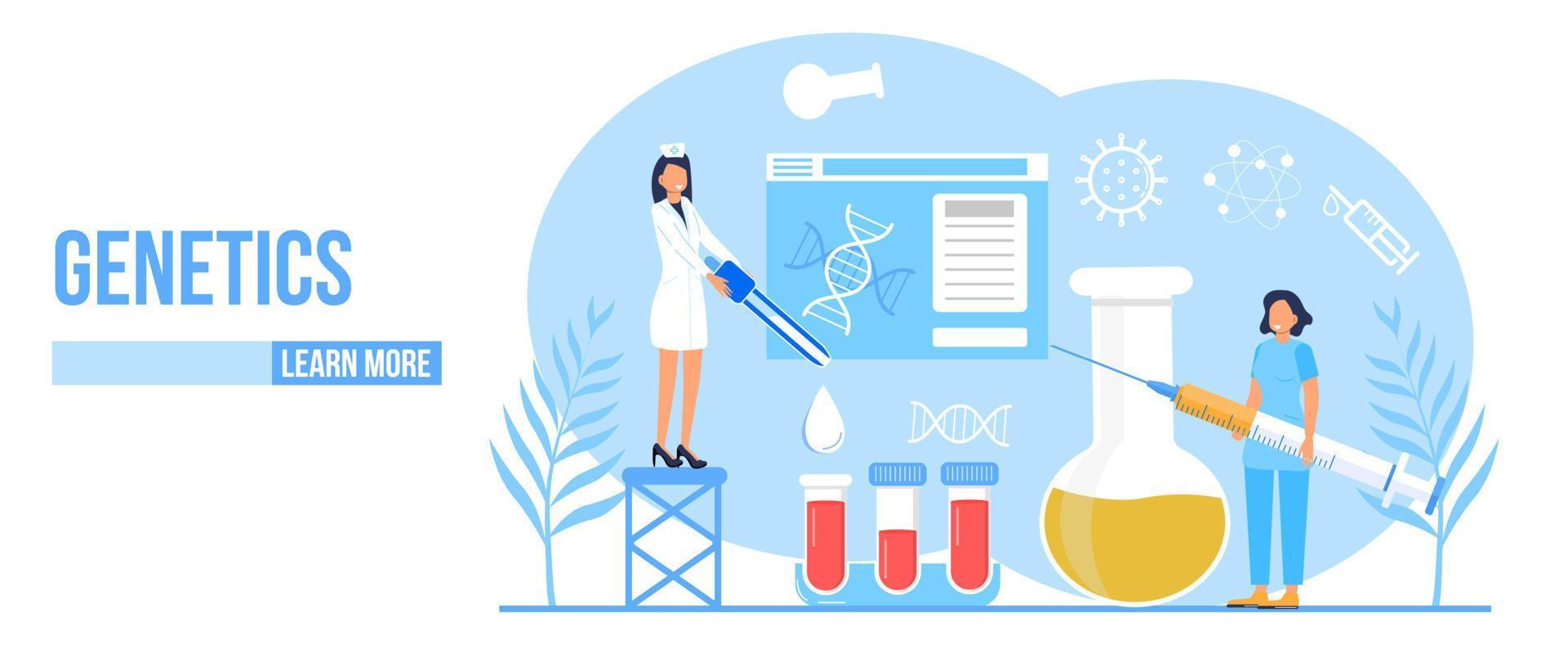 vetor de conceito de genética. inovação, pesquisa científica e estudo online. química, pesquisador de medicina estão trabalhando. cientistas estudam dna, genoma.