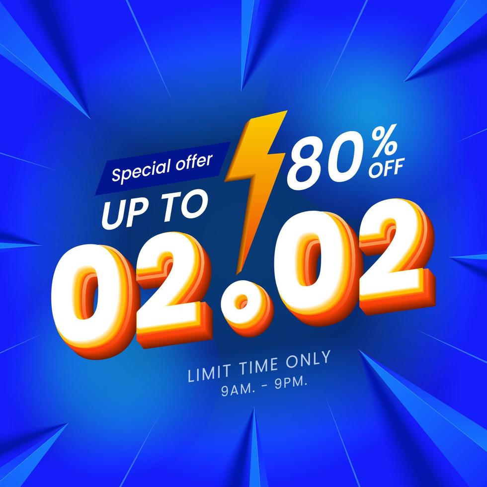 02.02 banner de dia de compras de venda especial com fundo azul. uso para mídia social e site. venda de oferta especial com 80% de desconto em campanha ou promoção. vetor