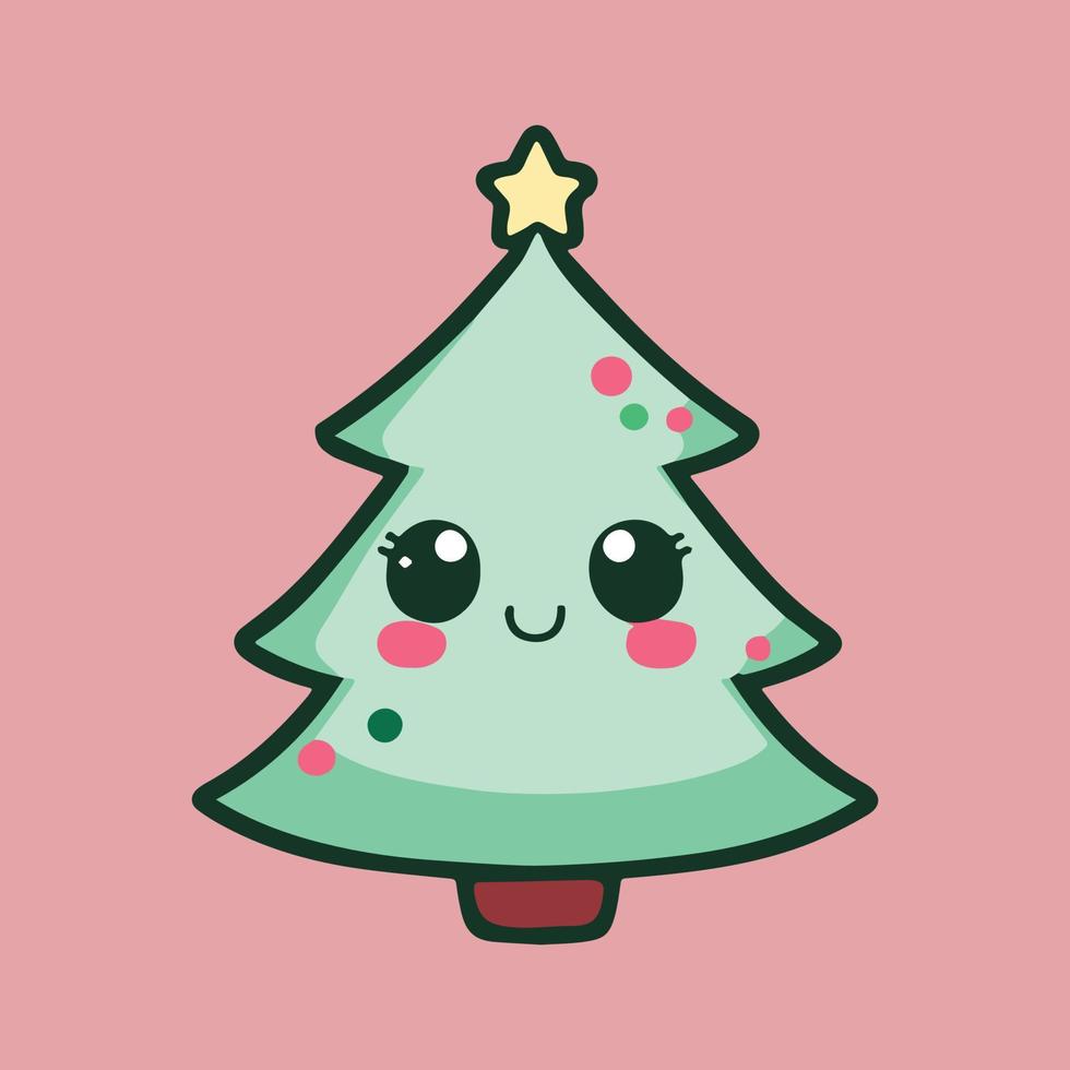 linda adorável árvore de natal. ilustração kawaii. feriado de inverno. árvore de celebração dos desenhos animados. personagem de decoração para um alegre cmas. elemento divertido. ícone de árvore plana para celebração. neve do inverno para o cartão. vetor