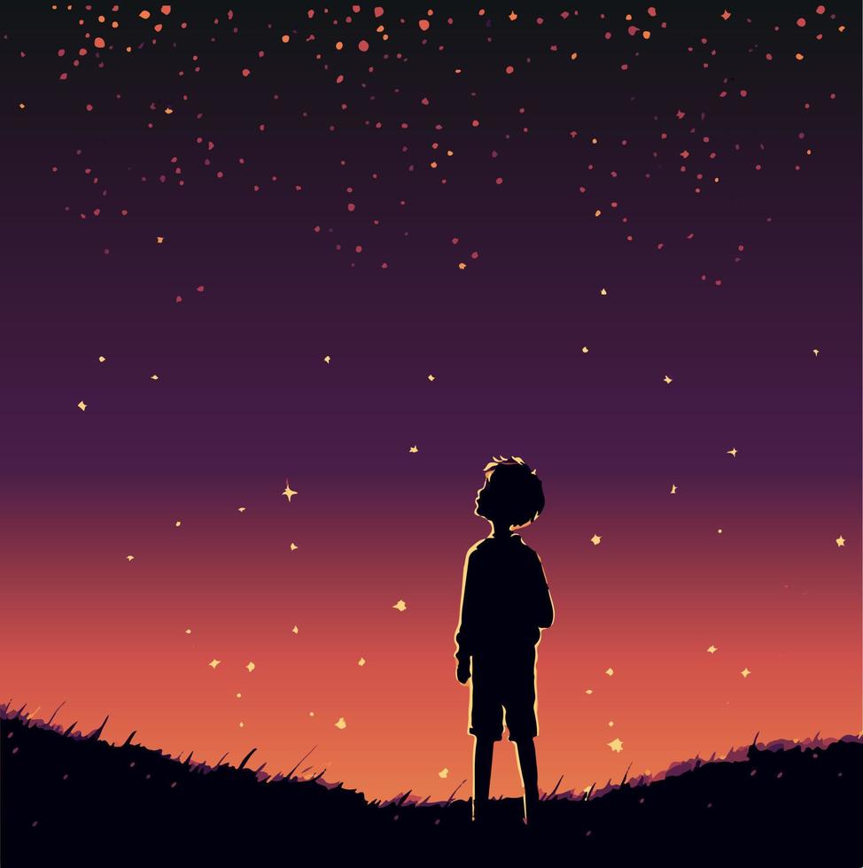 garoto sonhando e olhando para as estrelas, ilustração da imaginação infantil. vetor