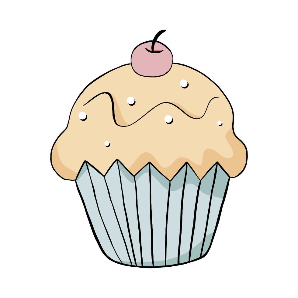 cupcakes de linha preta doodle colorido com cereja em fundo branco. estilo cartoon desenhado à mão. decoração para qualquer projeto. ilustração em vetor de criança e doce.