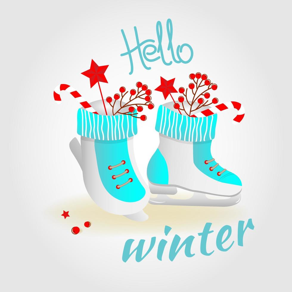 Olá inverno. cartão postal de inverno com patins, bastão de caramelo, estrelas em fundo branco. vetor