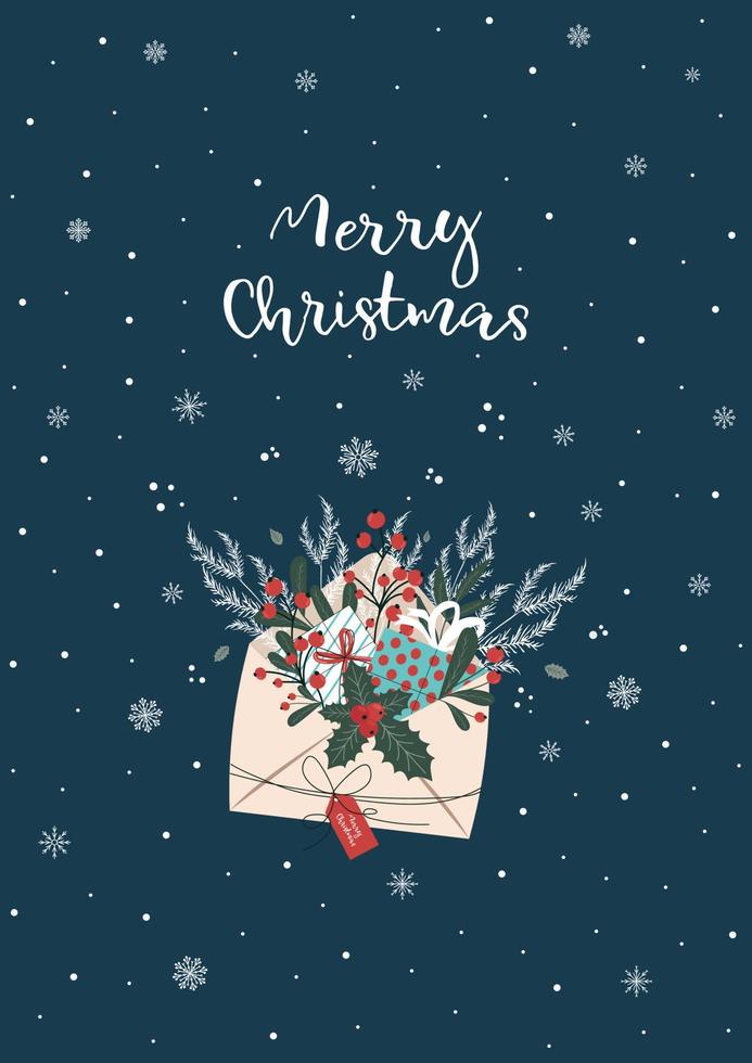cartaz de véspera de ano novo e natal com uma composição de inverno de ramos e bagas em um envelope em um fundo azul, vetor. vetor