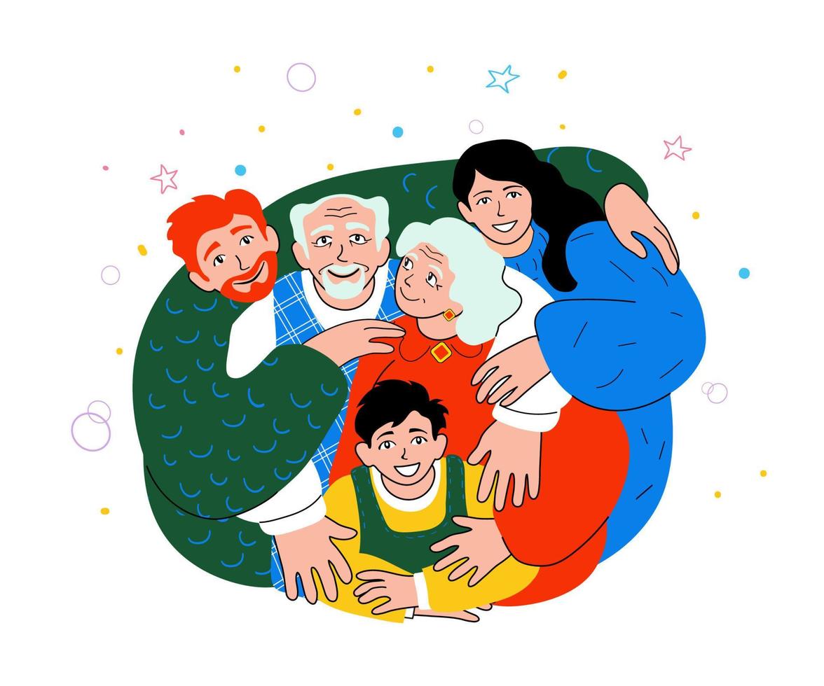 família feliz juntos, jovens pais, avós, garotinho. europeus, caucasianos sorrindo. paternidade, amor, vínculo. gerações de idosos e jovens se abraçando. ilustração de rabisco vetor