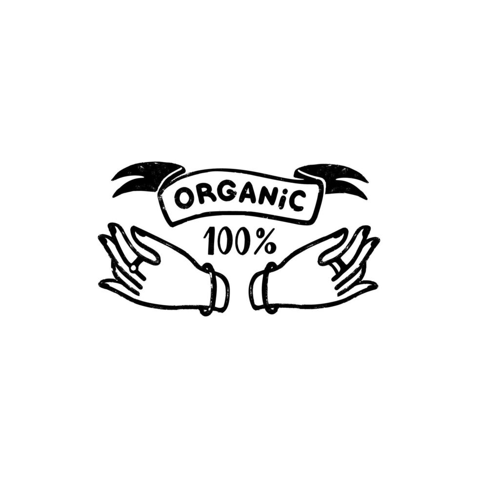 Logotipo vetorial 100% orgânico - um distintivo artesanal vintage com mãos e fita em estilo de carimbo. ilustração em vetor vintage.