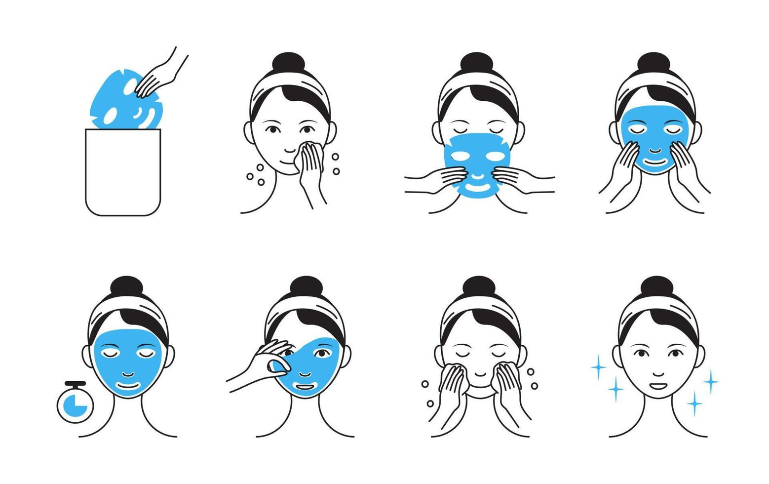 folha de máscara facial aplicando vetor. menina mostra passos como limpar, limpar o rosto e usar máscara cosmética. infográfico em ilustração de estilo de estrutura de tópicos vetor