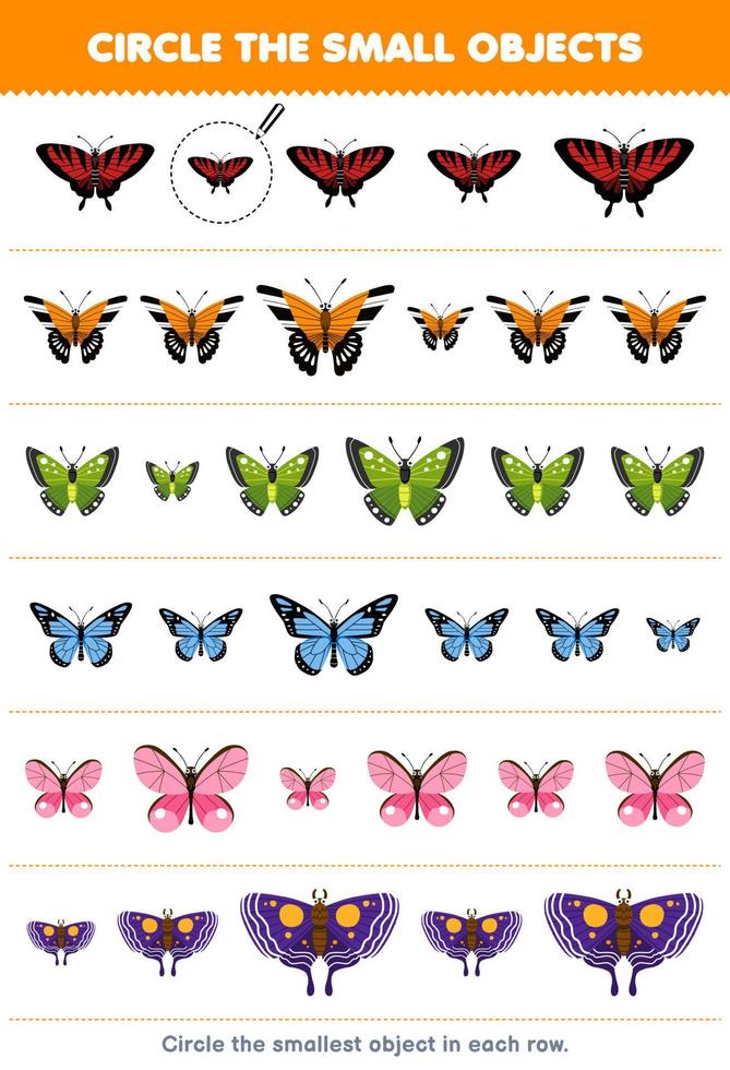 jogo de educação para crianças circule o menor objeto em cada linha de desenho bonito lagarta joaninha mariposa casulo bicho-da-seda borboleta imprimível planilha de bug vetor