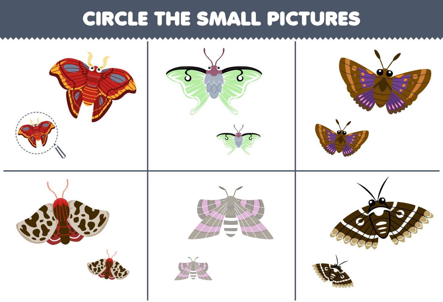 jogo de educação para crianças, escolha a pequena imagem da folha de trabalho de bug imprimível de mariposa de desenho animado bonito vetor