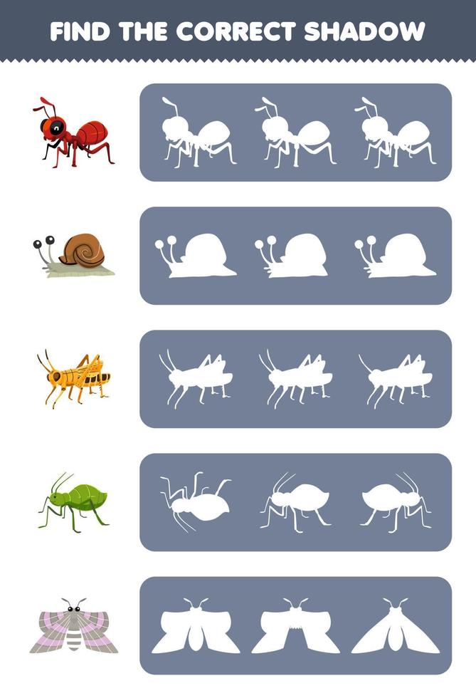 jogo de educação para crianças encontre a silhueta de sombra correta de bonito desenho animado formiga caracol gafanhoto pulgão mariposa planilha de bug imprimível vetor