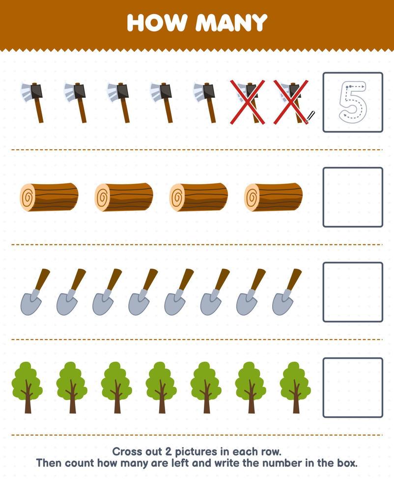 jogo de educação para crianças conte quantos desenhos bonitos machado de madeira log pá árvore e escreva o número na caixa planilha de fazenda imprimível vetor