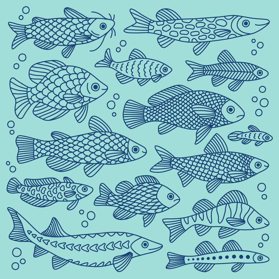 conjunto de rabiscos vetoriais de peixes de diferentes formas com vários padrões desenhados à mão, isolados. animais marinhos, mar, viagens. vetor