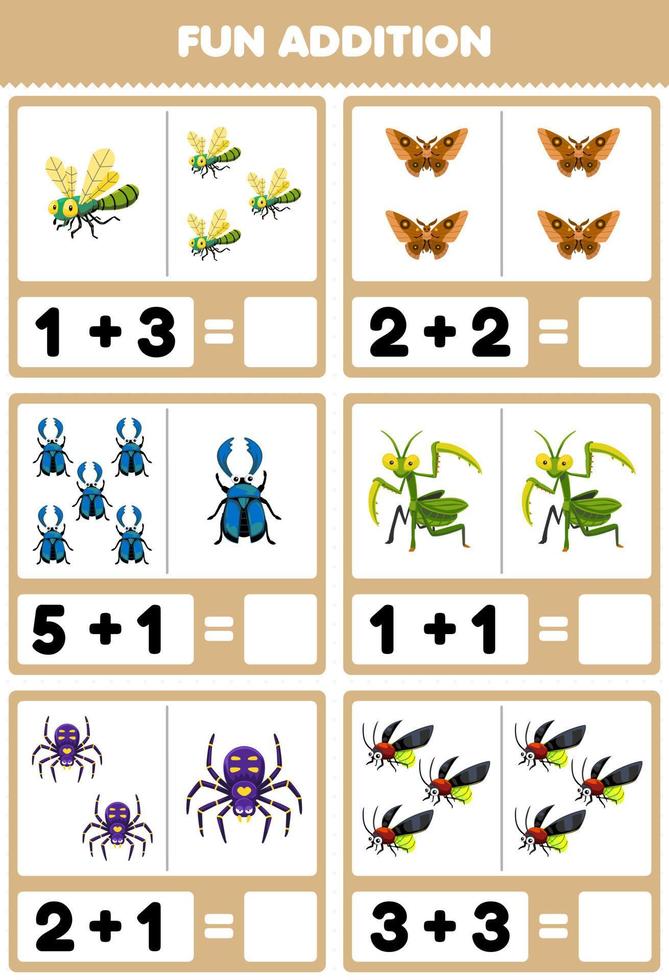 jogo educativo para crianças, adição divertida, contando e somando desenhos bonitos, libélula, besouro borboleta, louva-a-deus, vaga-lume, planilha de bug imprimível vetor