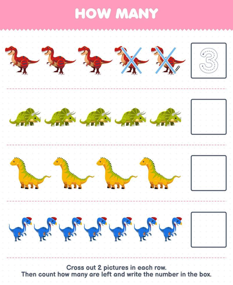 jogo de educação para crianças conte quantos desenhos animados fofos tiranossauro triceratops isisaurus oviraptor e escreva o número na planilha de dinossauro pré-histórico imprimível da caixa vetor