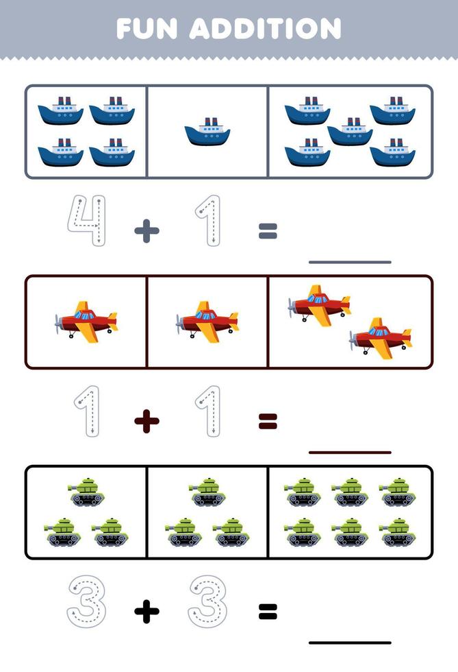 jogo educativo para crianças, adição divertida, contando e rastreando o número de planilha de transporte imprimível de tanque de avião de desenho animado bonito vetor