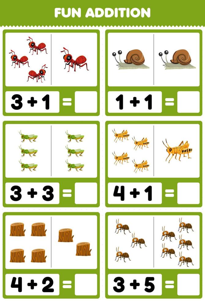 jogo educacional para crianças, além de diversão, contando e somando desenhos animados bonitos, formiga, caracol, gafanhoto, log de madeira, folha de trabalho para impressão de insetos vetor